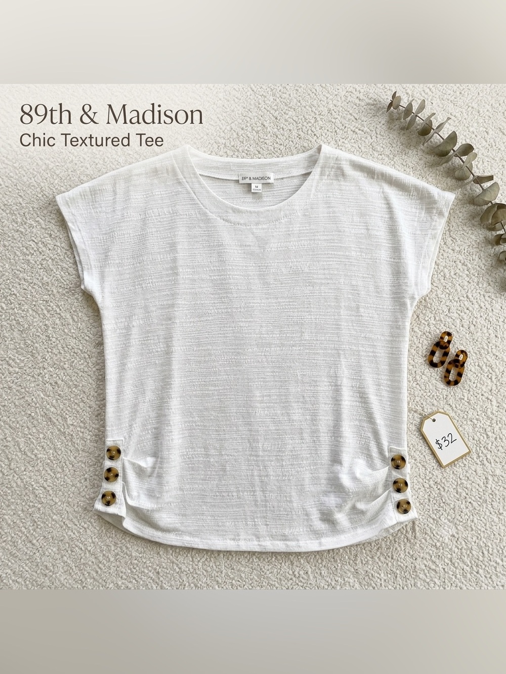 89th & Madison relaxed fit Cream Short Sleeve Top with Side Buttons slip on SZ L